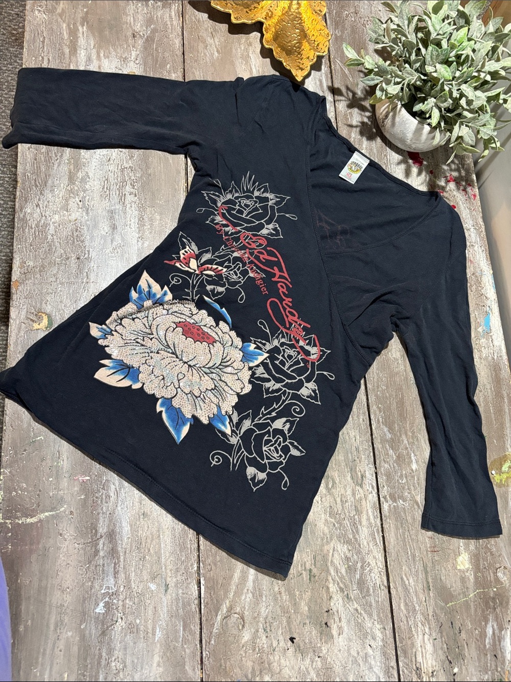 Y2K Ed Hardy by Christian Audigier wrap-style V-neck